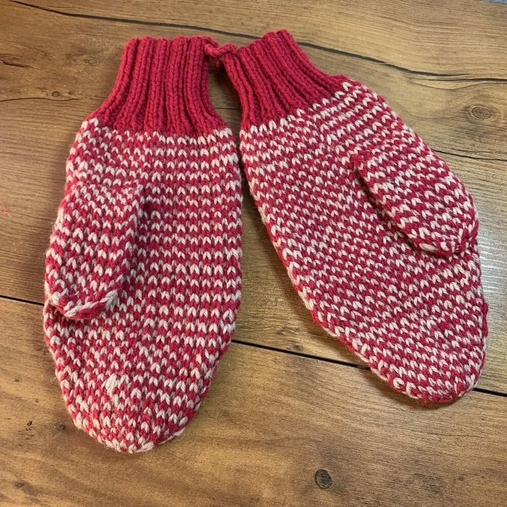 Handknit Pink Raspberry Gray Mittens XL-XXL See Measurements Unisex
